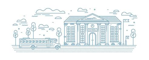 Classical school building with columns and bus for kids or pupil driving on road drawn with contour lines on white background. Educational institution. Monochrome illustration in linear style vector