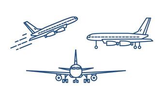 Passenger plane or civil aircraft taking off or ascending and standing on ground drawn with contour lines on white background. Front and side views. Monochrome illustration in linear style vector
