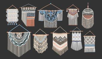 Bundle of macrame wall hangings isolated on black background. Set of handcrafted house decorations in Scandinavian style made of interwoven cord. Flat cartoon colored hand drawn illustration vector