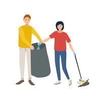 Pair of smiling male and female volunteers collecting garbage in trash bag isolated on white background. Ecological volunteering, environment protection. illustration in flat cartoon style vector