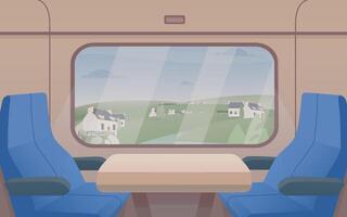 Gorgeous view from train window and pair of seats. Interior of comfortable passenger car. Railway journey or trip through beautiful places. Colorful illustration in flat cartoon style vector