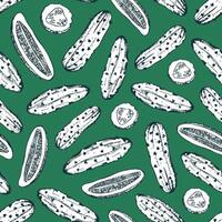 Seamless pattern with whole and cut tasty cucumbers drawn with contour lines on green background. Backdrop with delicious vegetables. Monochrome realistic illustration for fabric print vector