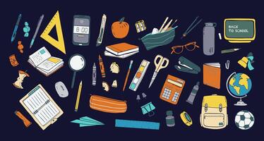 Collection of school stationery and tools for learning, studies, education isolated on dark background. Colorful hand drawn illustration in realistic style for Knowledge day or 1 September vector