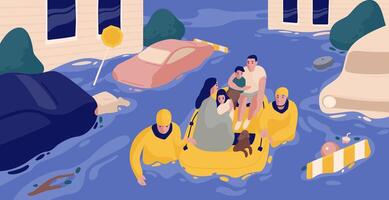 Flood survivors sitting in inflatable boat rescued by pair of rescuers. Family saved from flooded area or town. People and natural disaster. Colorful illustration in flat cartoon style vector