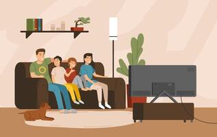 Smiling mother, father and children sitting on comfy sofa and watching television set. Happy family spending time together. Home entertainment. Colorful illustration in flat cartoon style vector