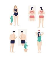 Men and women dressed in underwear looking in mirror and enjoying their bodies isolated on white background. Self-acceptance, satisfaction with appearance. Flat cartoon colorful illustration vector