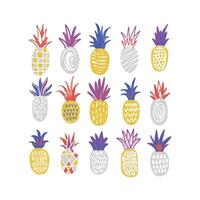 Bundle of stylized pineapples of various texture isolated on white background. Collection of delicious sweet exotic fresh juicy fruits. Colorful hand drawn illustration in trendy doodle style vector