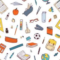 Seamless pattern with school stationery and tools for learning, studies, education. Knowledge day or 1 September backdrop. Colored illustration in realistic style for wrapping paper, wallpaper. vector