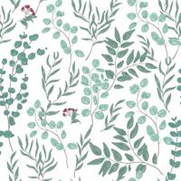 Antique floral seamless pattern with beautiful eucalyptus branches, leaves and flowers on white background. Hand drawn decorative illustration for fabric print, wrapping paper, backdrop vector