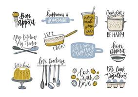 Bundle of slogans written with cursive font and decorated with cookware and food products. Set of inscriptions and kitchen utensils for cooking or homemade meals preparation. illustration vector