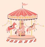 Old-fashioned style carousel, roundabout or merry-go-round with horses. Amusement ride for children's entertainment decorated with garlands. Colorful illustration in flat cartoon style vector