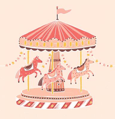 Old-fashioned style carousel, roundabout or merry-go-round with horses. Amusement ride for children's entertainment decorated with garlands. Colorful illustration in flat cartoon style