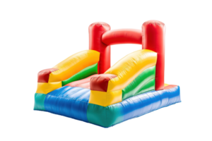 A colorful inflatable bounce house featuring slides and a tower png
