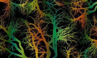 Abstract colorful roots pattern decorative black background. Line art tree. Colorful exotic art. vector