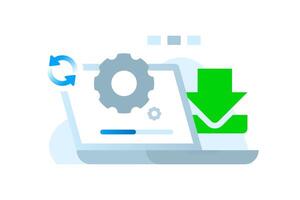 Laptop screen with gear, loading bar, and download icon representing software installation, system update, or file download process. Suitable for technology, software, and IT related concepts vector
