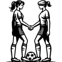 Sport emblem of female football players from rival teams shake hands as sign of respect and fair play in monochrome. Engraving minimalistic image in black ink drawing on white background vector