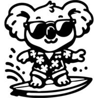 Koala bear in sunglasses and Hawaiian shirt surfing on surfboard in monochrome. Simple minimalistic image in black ink drawing on white background vector