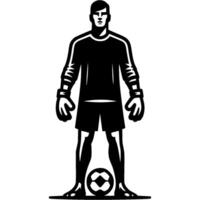 Tattoo emblem of soccer goalkeeper of beach soccer team standing full length, front view in monochrome. Engraving minimalistic image in black ink drawing on white background vector