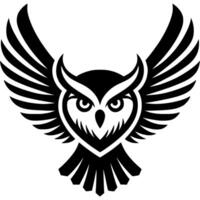 Tattoo of flying owl with spread wings front view in monochrome. Engraving minimalistic image in black ink drawing on white background vector