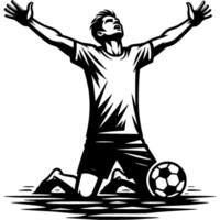 Tattoo emblem of beach soccer player raises his hands in victory while kneeling in monochrome. Engraving minimalistic image in black ink drawing on white background vector