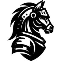 Tattoo emblem of head of war horse in helmet and armor in monochrome. Engraving minimalistic image in black ink drawing on white background vector