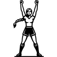 Sport emblem of female football player raised her hands up in victory in monochrome. Engraving minimalistic image in black ink drawing on white background vector