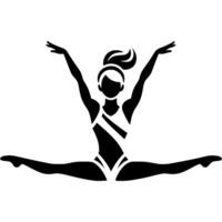 Sport emblem of girl gymnast horizontal split in trampoline jumping in monochrome. Engraving minimalistic image in black ink drawing on white background vector