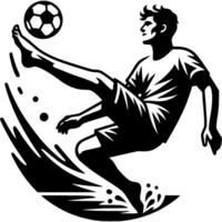 Tattoo emblem of beach soccer player kicks a ball at sandy stadium match in monochrome. Engraving minimalistic image in black ink drawing on white background vector