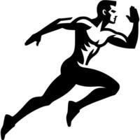 Sport emblem of sprinter trains during practice before start of competition in monochrome. Engraving minimalistic image in black ink drawing on white background vector