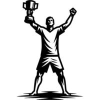 Tattoo emblem of player captain of beach soccer team raises his hands in victory holding main prize cup in monochrome. Engraving minimalistic image in black ink drawing on white background vector