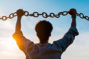 Person holding chains against sunset sky, symbolizing freedom and strength photo