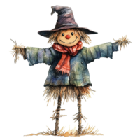 Smiling scarecrow wearing a hat and scarf stands in the field png