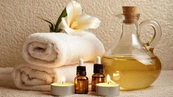Relaxing spa setup with towels, essential oils, and candles for tranquility photo