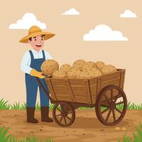 Farmer Pushing Cart Filled with Potatoes in Field Under Cloudy Sky vector