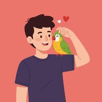 Person Petting Parrot on Shoulder with Hearts Floating in Air vector