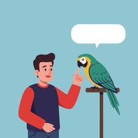 Man Training Green Parrot Perched on Stand with Speech Bubble vector