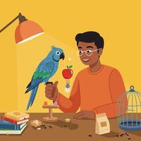 Man and Pet Parrot Interaction Under Lamp in Indoor Setting vector