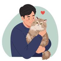Man Hugging Long Haired Cat with Affection in Cartoon Style vector