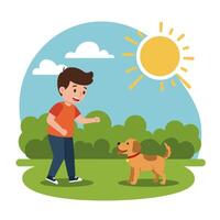 Boy Playing with Dog in Sunny Outdoor Scene on Green Lawn vector
