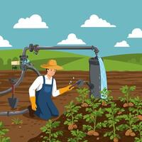 Farmer Watering Plants in Field with Irrigation System and Cloudy Sky vector