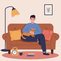 Man Relaxing on Couch with Cat Pet at Home Indoor vector
