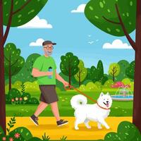 Man Walking Dog in Park on Sunny Day for Exercise vector