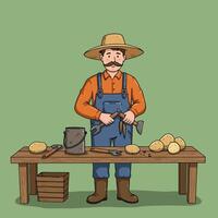Farmer at Table Preparing Potatoes with Tools for Planting or Processing vector