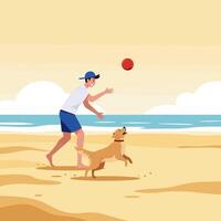 Man Throwing Ball for Dog on Beach During Summer Day vector