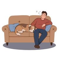 Man and Dog Sleeping Together on Sofa Peacefully Resting Artwork vector