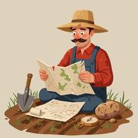 Farmer Reading Map While Sitting in Field with Gardening Tools vector