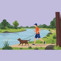 Man Running with Dog Along Riverbank in Natural Outdoor Setting vector