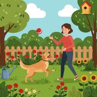 Playing Fetch with Dog in Garden with Flowers and Birdhouse vector