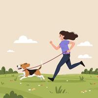 Woman Running with Dog in Park on Sunny Day Adventure vector
