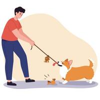 Man Playing with Energetic Dog Using Rope Toy in Indoor Scene vector